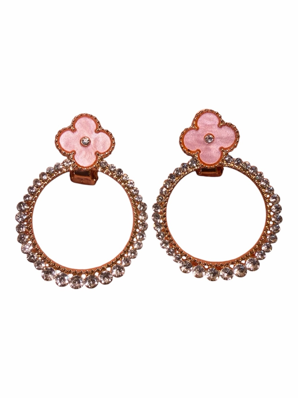 Pink Flower Crystal Hoop Earrings in Rose Gold Tone Clip Ons